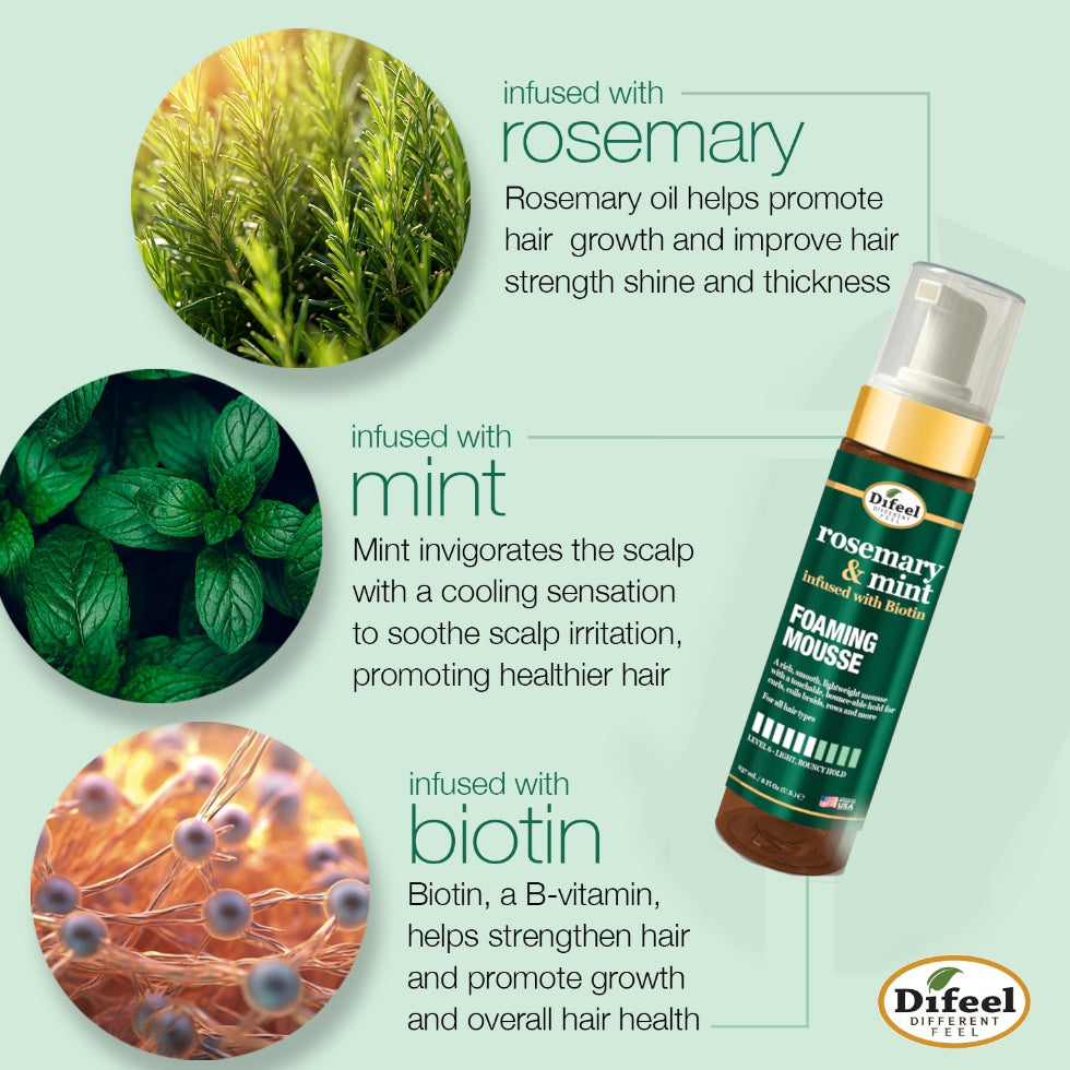 Rosemary mint foaming mousse for lightweight hold, volume and natural bounce styling