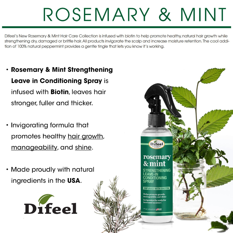 Difeel rosemary and mint strengthening leave in conditioning spray 177ml biotin hair growth and scalp nourishing care spray