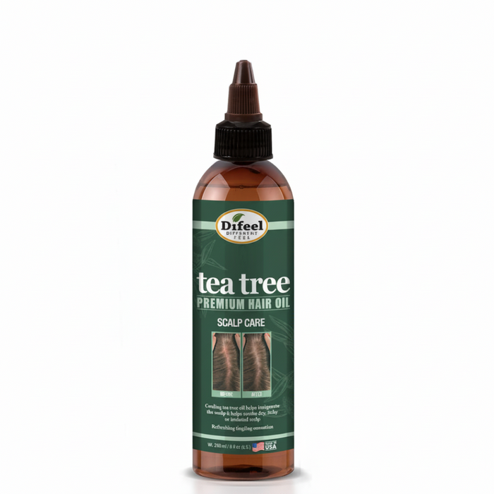 Tea tree hair oil for itchy scalp relief, strengthening and healthy refreshed hair