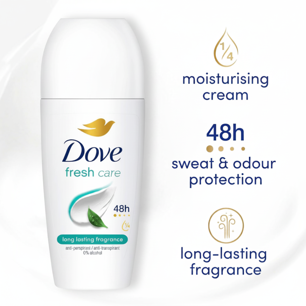 dove fresh care 48h anti perspirant roll on deodorant 50ml long lasting freshness sweat protection soft underarm care quick dry non sticky deodorant