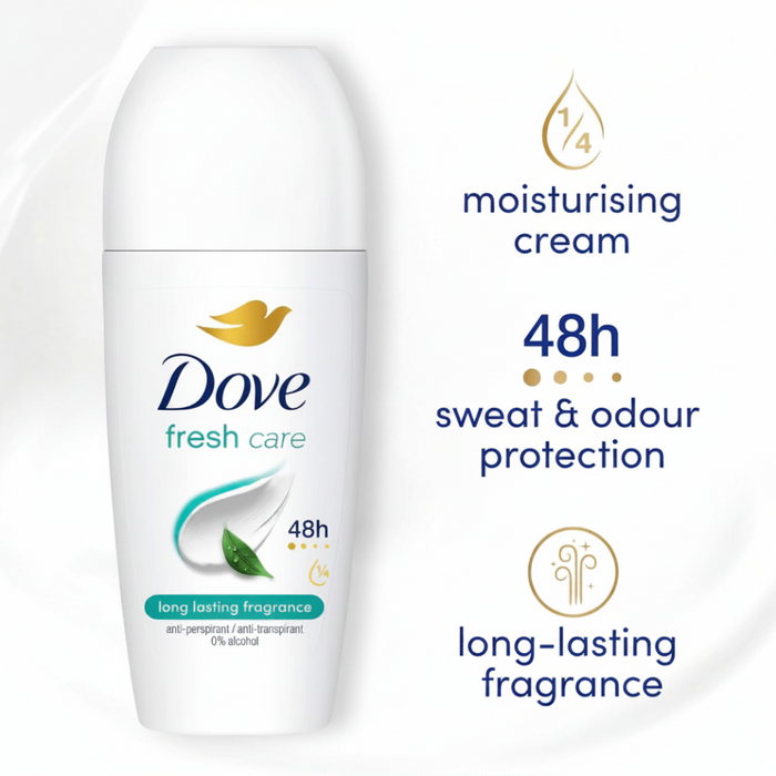 Dove Fresh Care 48h Anti-Perspirant Roll-On Deodorant 50ml | Long-Lasting Freshness & Soft Care