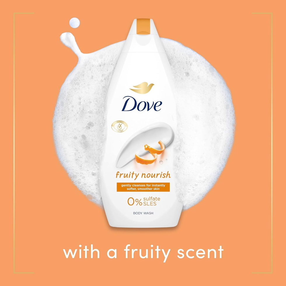 dove fruity nourish body wash 450ml vegan hydrating shower gel fruity fragrance soft smooth skin gentle daily cleansing product