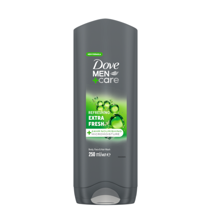 dove men care extra fresh 3 in 1 body face hair wash 250ml refreshing hydrating cleansing gel for men cooling shower gel all in one wash