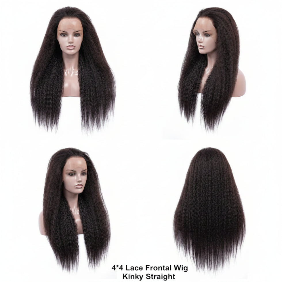 Dressmaker Brazilian Swiss lace 4x4 kinky straight human hair wig with natural texture and volume**
