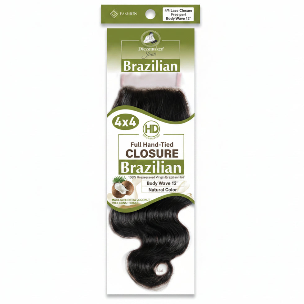 Dressmaker virgin Brazilian HD lace closure 4x4 body wave 12 inch natural color free part soft wave salon quality closure