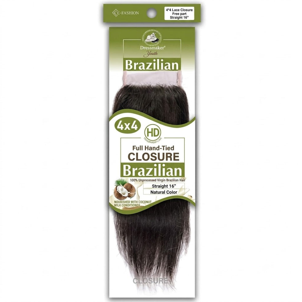 Dressmaker virgin Brazilian HD lace closure 4x4 straight 16 inch natural color free part sleek salon quality human hair closure
