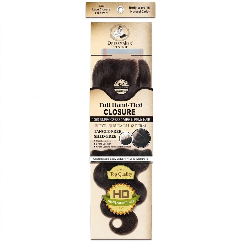 Dressmaker virgin Remy body wave lace closure 4x4 free part natural color 16 inch human hair soft wavy seamless blend closure