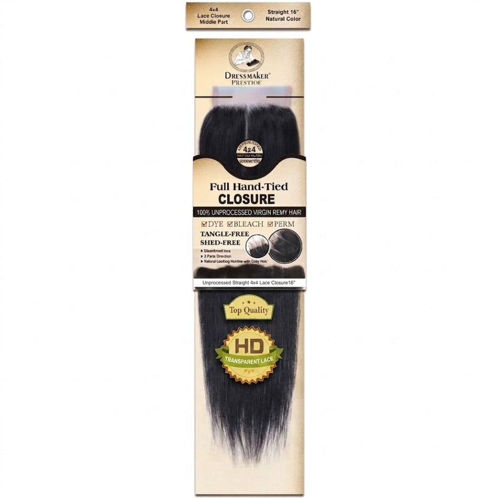 Dressmaker virgin Remy straight lace closure 4x4 middle part natural color 16 inch human hair soft silky seamless blend closure
