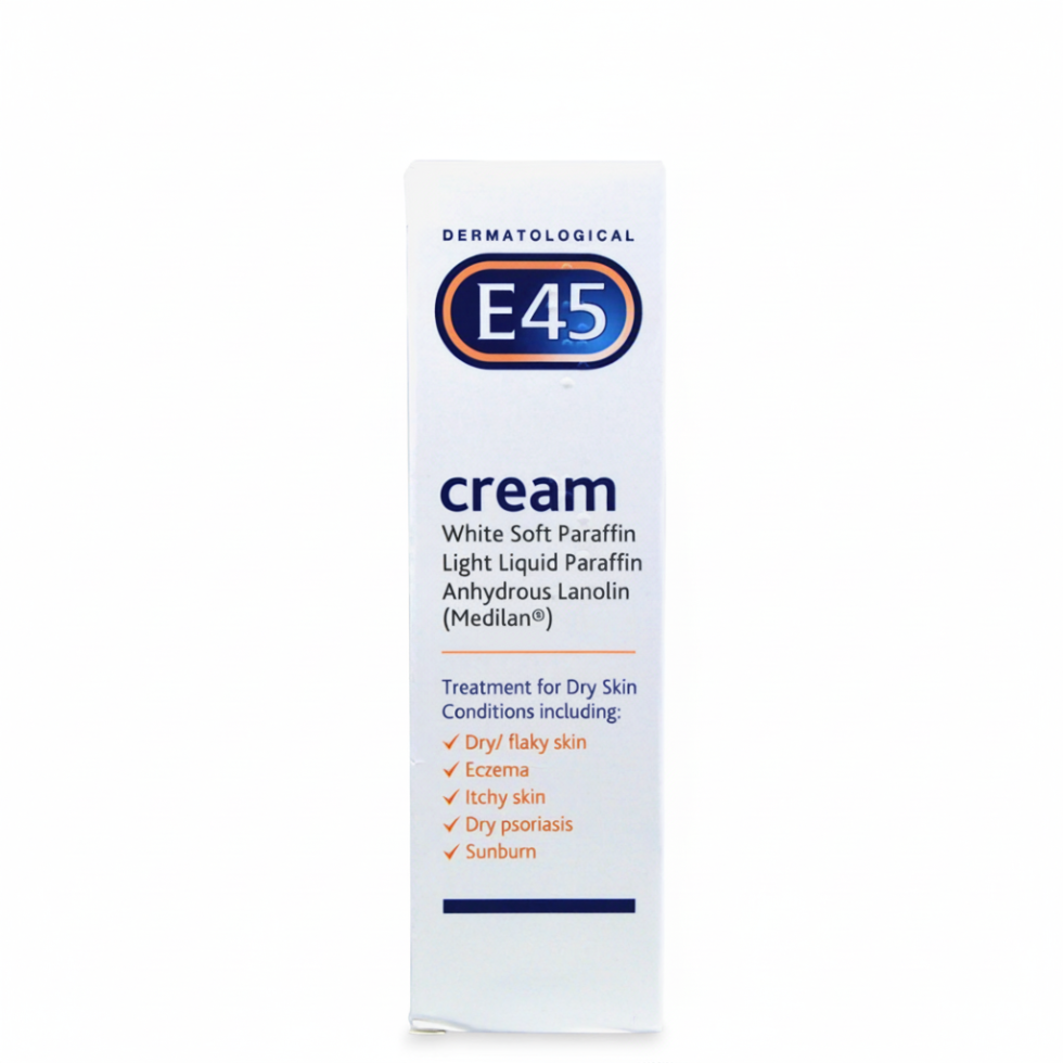 e45 cream 50g white soft paraffin liquid paraffin lanolin dry itchy sunburn relief skin moisturizer care