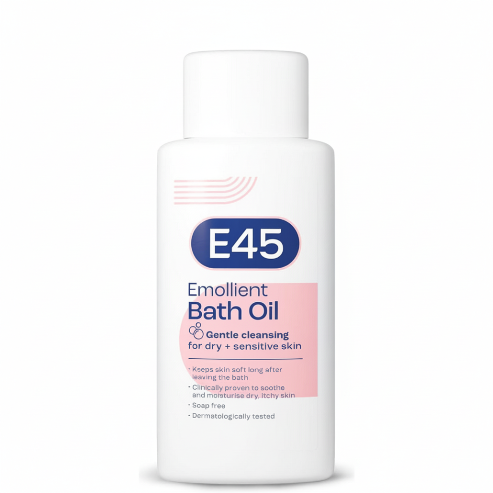 e45 emollient bath oil 500ml moisturising bath care dry sensitive skin gentle cleansing hydration