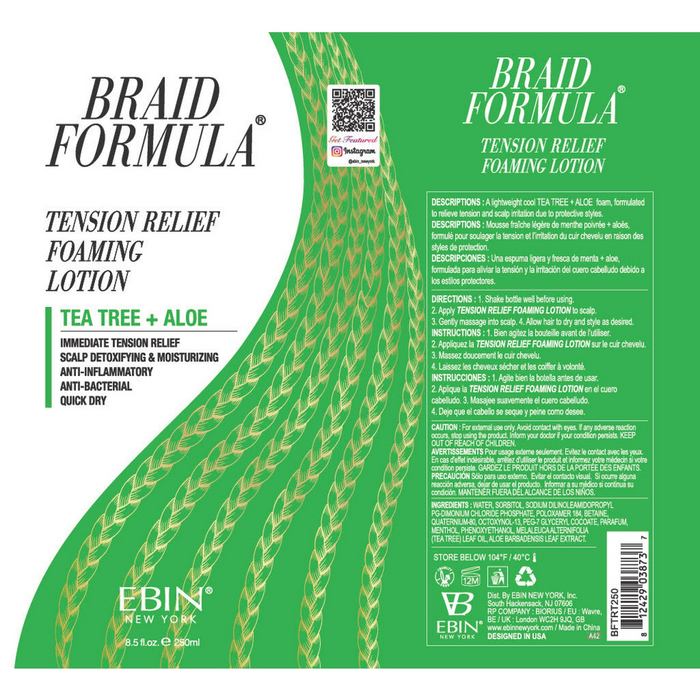 Ebin Braid Formula Tension Relief Foaming Lotion 250ml | Tea Tree & Aloe Vera Scalp Care