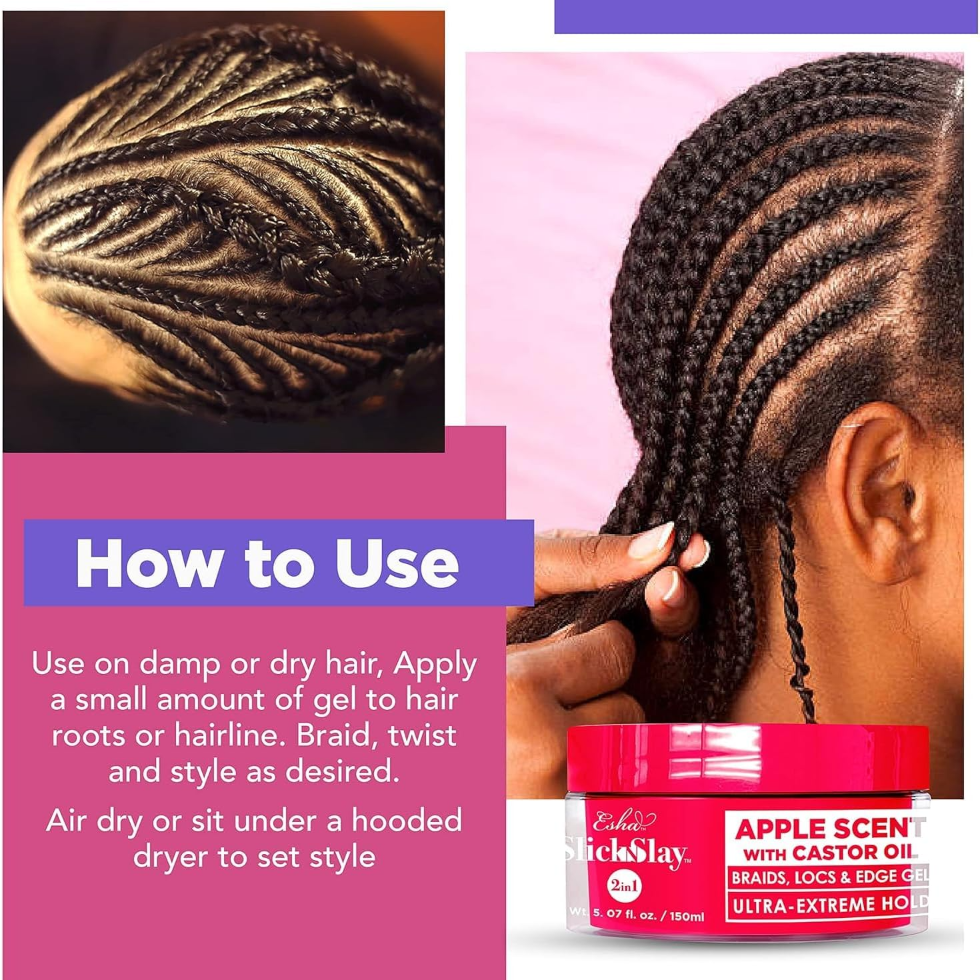 ESHA slick n slay apple castor oil gel 150ml ultra extreme hold braid locs and edge styling gel