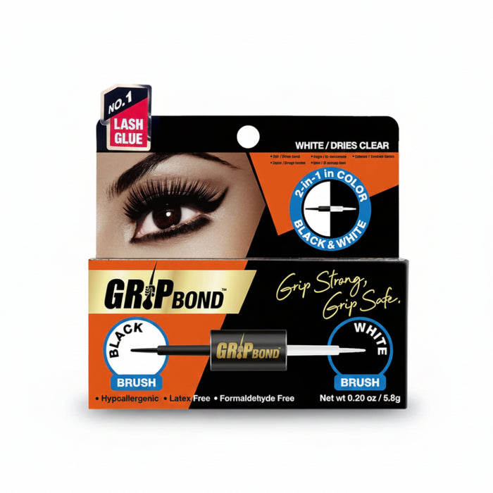 Ebin New York Grip Bond latex-free lash adhesive dual brush tube showing black and white options  