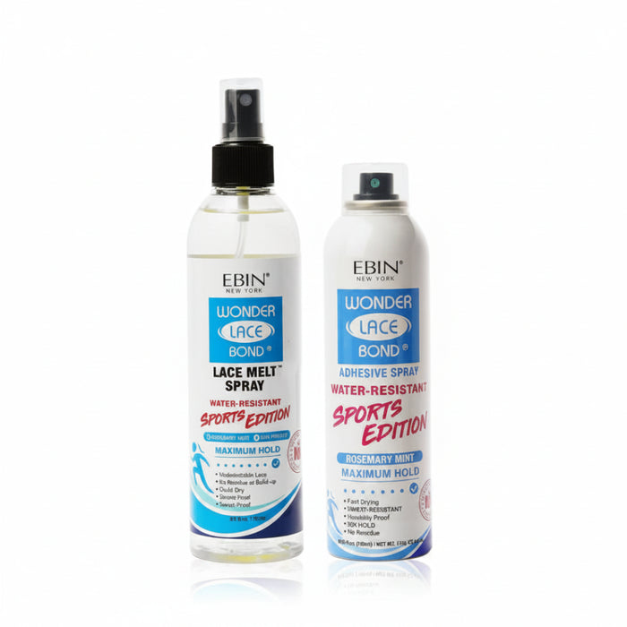 Ebin lace adhesive spray 180ml and lace melt spray 250ml canisters side by side