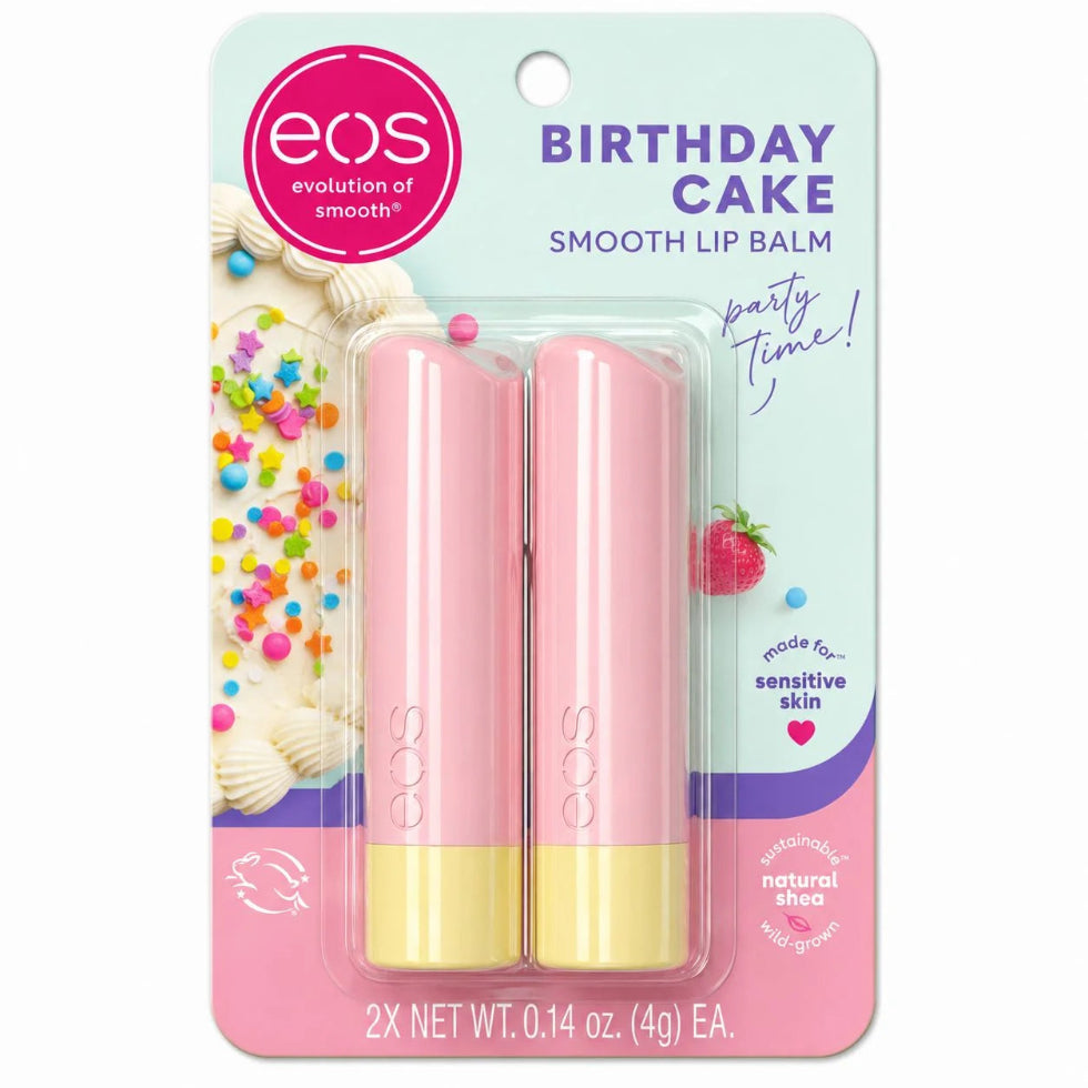 Front-facing product image of Eos birthday cake smooth lip balm 2x 4g each / 0.14 oz, featuring two Birthday Cake lip balm sticks for everyday moisturising lip care.