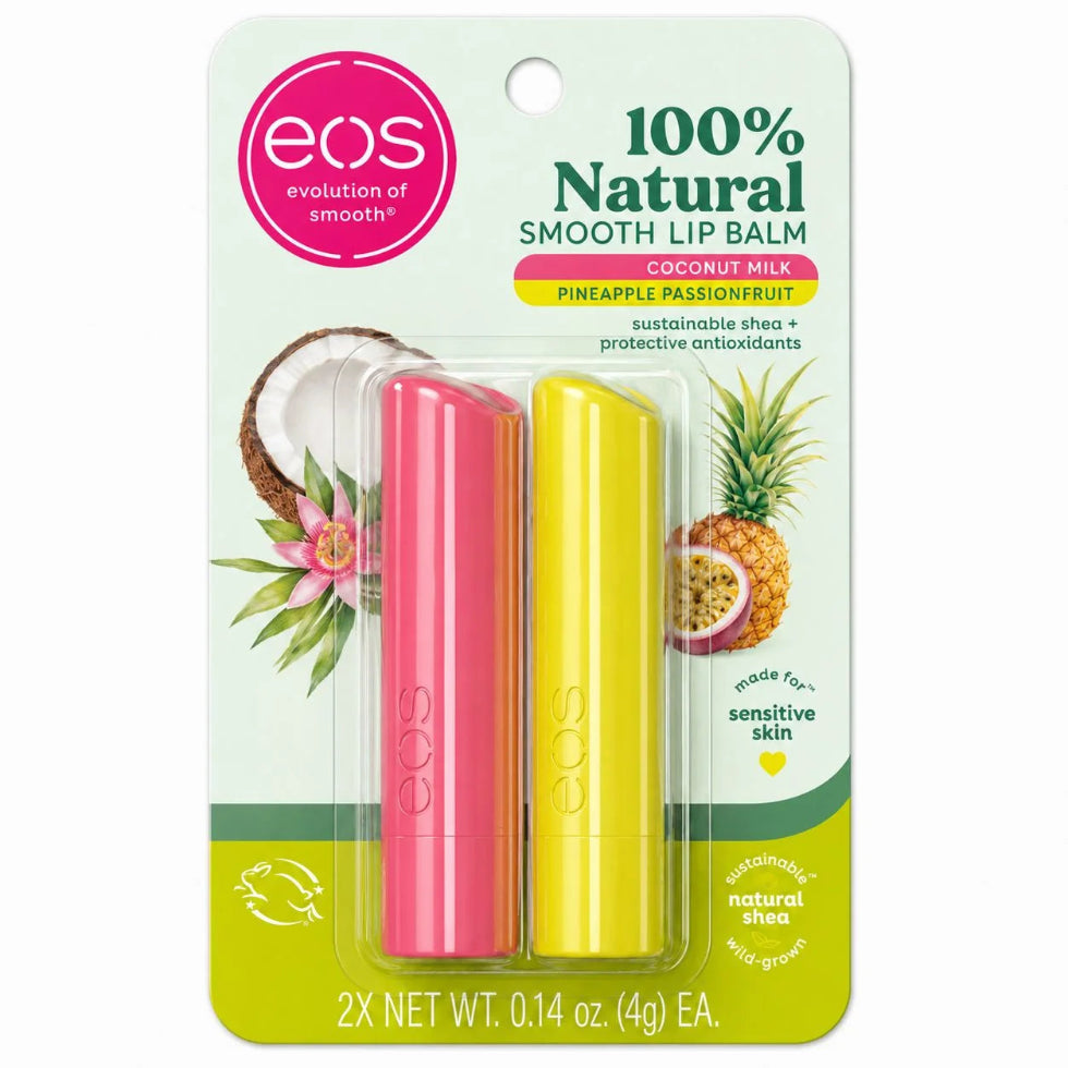 Front-facing pack shot of Eos 100% natural organic lip balm variety pack 2lip balms coconut milk & pineapple 0.14 oz (4 g) each, featuring two tropical-inspired lip balm sticks for everyday moisture.