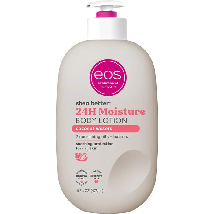 Front-facing pack shot of Eos Coconut Waters Body Lotion 473ml/16oz, a lightweight moisturising body lotion with a tropical Coconut Waters fragrance.