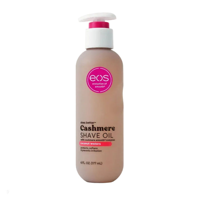 Front-facing pack shot of Eos shea butter cashmere shave oil coconut waters 177ml/6oz, a clear silky shave oil for smoother razor glide and sensitive skin.
