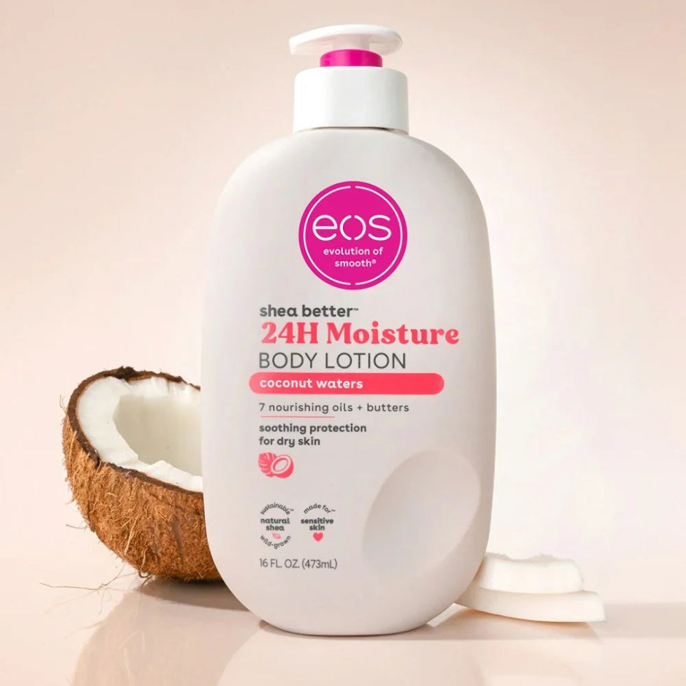 Ingredient-focused visual highlighting shea butter, shea oil, glycerin and coconut fruit extract alongside the tropical Coconut Waters fragrance profile.