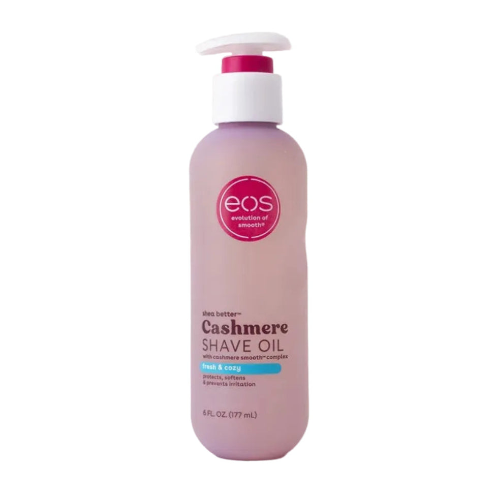 Front-facing pack shot of Eos shea butter cashmere shave oil fresh & cozy 177ml/6oz, a clear silky shave oil designed for smoother razor glide and sensitive skin.