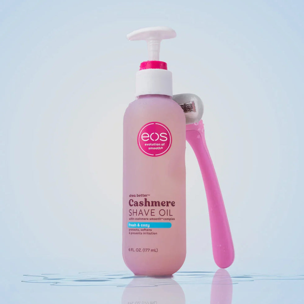 In-use application shot showing the clear shave oil spread over damp skin before shaving to help improve razor glide and reduce friction.