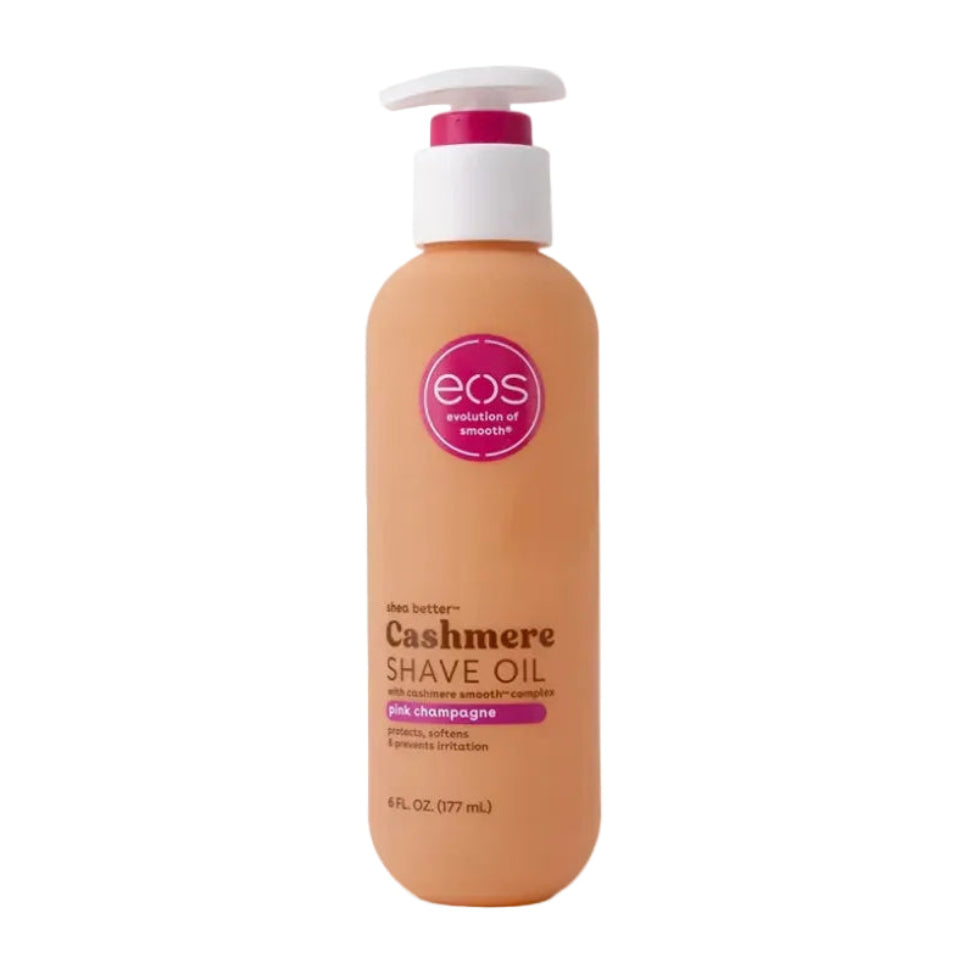 Front-facing pack shot of Eos shea butter cashmere shave oil pink champagne 177ml/6oz, a clear silky shave oil designed for smoother razor glide and sensitive skin.