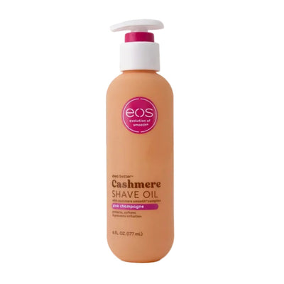 Front-facing pack shot of Eos shea butter cashmere shave oil pink champagne 177ml/6oz, a clear silky shave oil designed for smoother razor glide and sensitive skin.