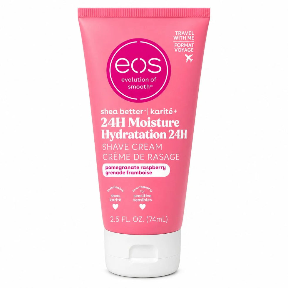 Front-facing pack shot of Eos shea better 24h moisture shave cream pomegranate raspberry 74 ml /2.5 fl oz, a rich non-foaming shave cream for smoother razor glide and sensitive skin.