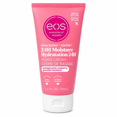 Front-facing pack shot of Eos shea better 24h moisture shave cream pomegranate raspberry 74 ml /2.5 fl oz, a rich non-foaming shave cream for smoother razor glide and sensitive skin.