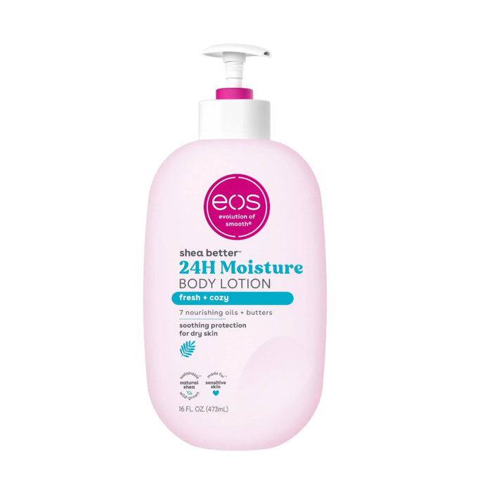 Front-facing pack shot of Eos shea better fresh & cozy body lotion 474ml/16oz, a lightweight shea butter body lotion with the Fresh & Cozy fragrance.