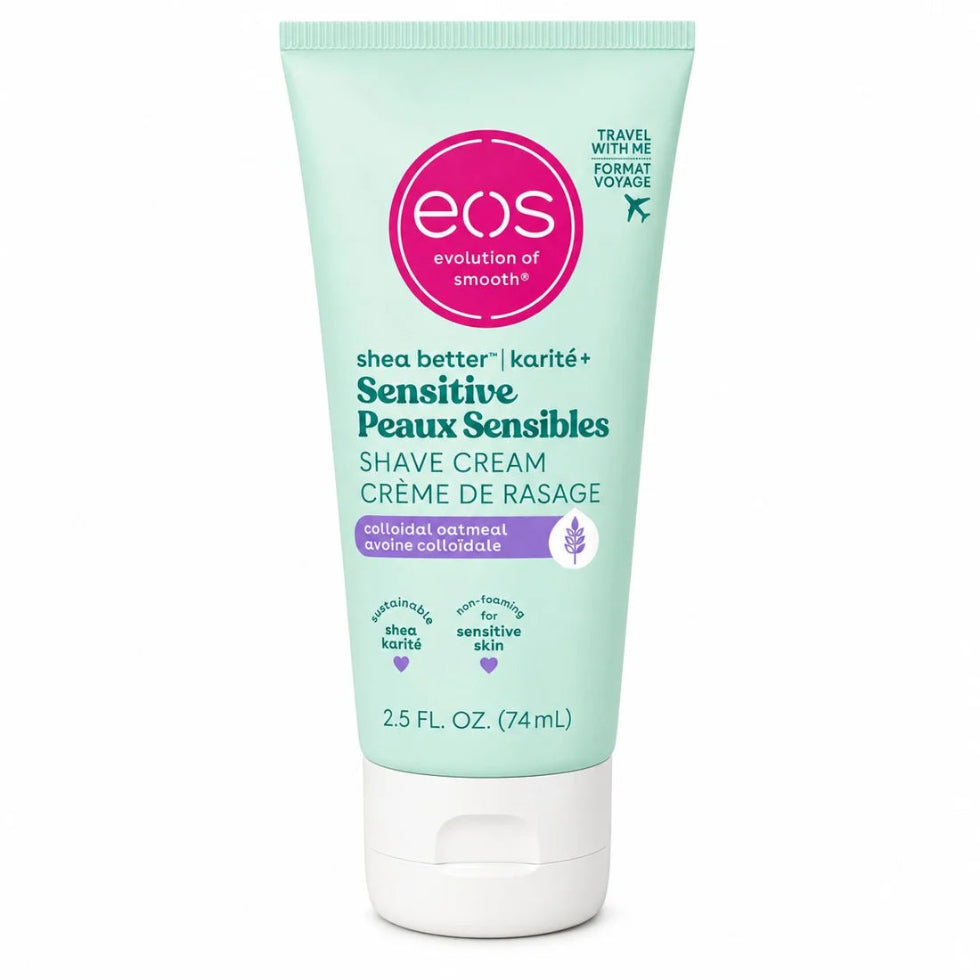 Front-facing pack shot of Eos shea better 24h moisture shave cream sensitive 74 ml /2.5 fl oz, a fragrance-free non-foaming shave cream designed for sensitive skin.