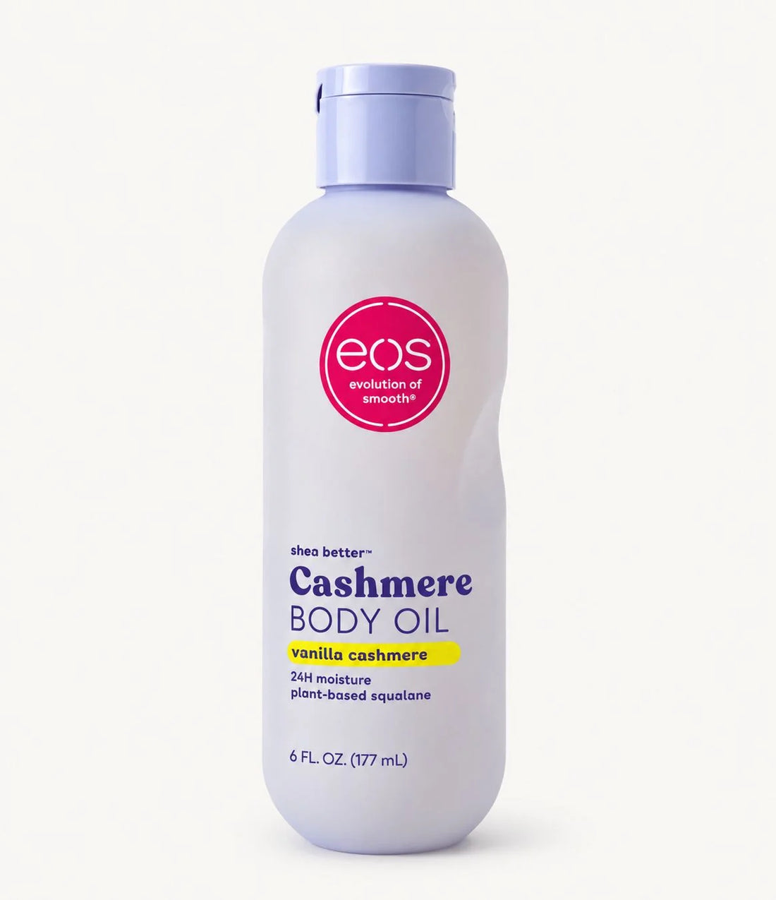 Front-facing pack shot of Eos shea butter cashmere body oil vanilla cashmere 177ml/6oz, a lightweight moisturising body oil with a warm vanilla fragrance.