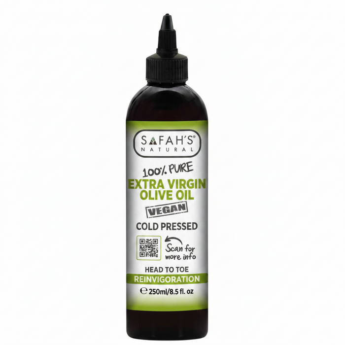 Extra Virgin Olive Oil 250ml 100% pure deeply nourishes hair, hydrates skin, supports growth, and helps soothe dryness and sun-exposed skin naturally.
