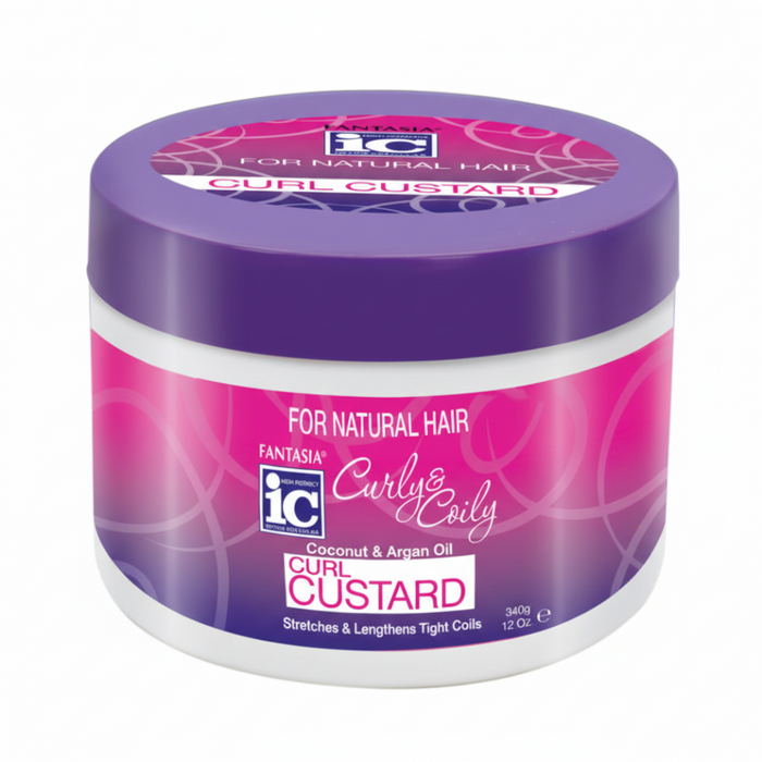 Fantasia IC curly coily coconut argan oil curl custard 340g frizz free curls defining cream for soft bouncy hydrated and well defined natural curls