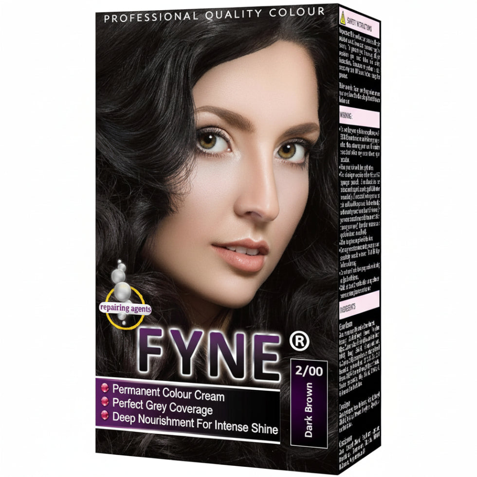 Fyne 2/00 dark brown permanent hair colour with grey coverage shiny smooth salon finish hair