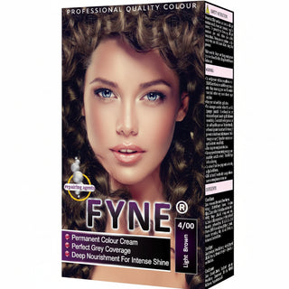 Fyne 4/00 light brown permanent hair colour with grey coverage shiny smooth salon finish hair