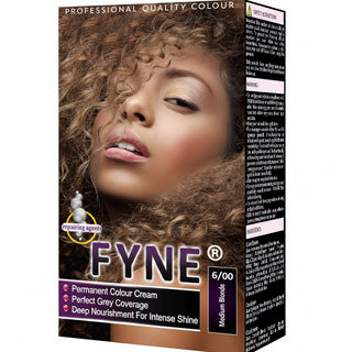 Fyne 6/00 medium blonde permanent hair colour with grey coverage shiny smooth salon finish hair