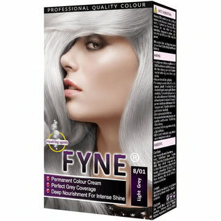 Fyne 8/01 light grey permanent hair colour cool grey tone grey coverage shiny smooth salon finish hair