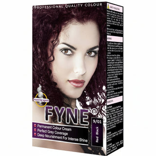 Fyne 9/01 red black permanent hair colour with grey coverage shiny smooth salon finish hair