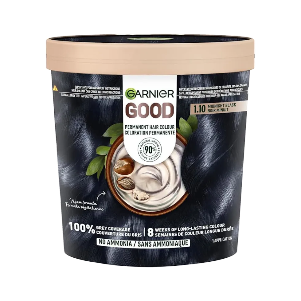Garnier 1.10 midnight black permanent hair dye long lasting color grey coverage shiny black hair result