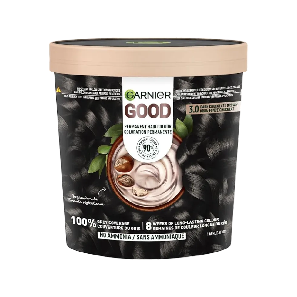 Garnier 3.0 dark chocolate brown permanent hair dye rich brown color grey coverage shiny salon finish hair