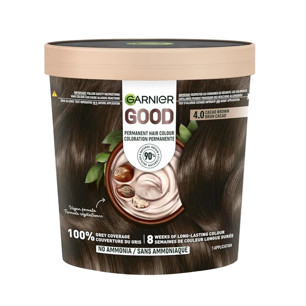 Garnier 4.0 cacao brown permanent hair dye natural brown color grey coverage shiny salon finish hair