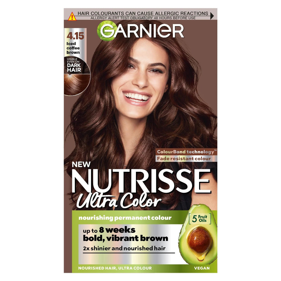 garnier nutrisse 4.15 iced coffee brown hair dye permanent color grey coverage shiny smooth hair

