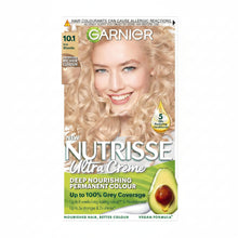 Garnier Nutrisse Ultra Color 10.1 Ice Blonde hair dye box showing cool icy ash blonde shade result