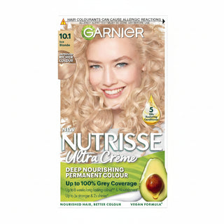 Garnier Nutrisse Ultra Color 10.1 Ice Blonde hair dye box showing cool icy ash blonde shade result
