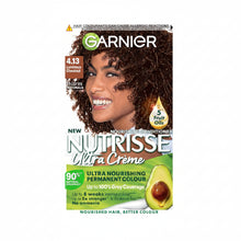 Garnier Nutrisse Ultra Color 4.13 Luminous Chestnut hair dye box showing warm chestnut brown shade result