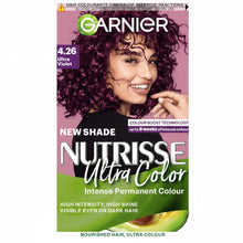Garnier Nutrisse Ultra Color 4.26 Ultra Violet hair dye box showing vibrant violet purple shade result