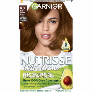 Garnier Nutrisse Ultra Color 4.3 Dark Golden Brown hair dye box showing warm golden brown shade result