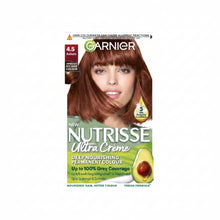 Garnier Nutrisse Ultra Color 4.5 Auburn hair dye box showing warm auburn red-brown shade result