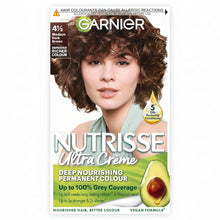 Garnier Nutrisse Ultra Color 4 1/2 Medium Dark Brown hair dye box showing natural brunette shade result